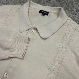 J. Peterman Cardigan Sweater Large Cream Cotton Silk Cable Knit Button Polo